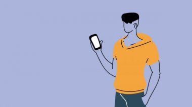 Akıllı telefon animasyonu kullanan genç çekici erkek karakteri