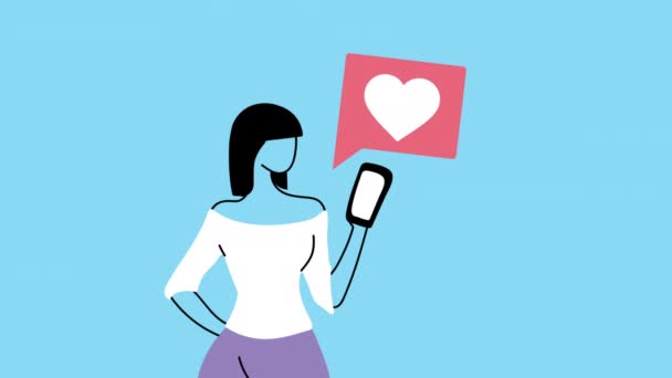 Jeune belle femme en utilisant smartphone et coeur animé — Video