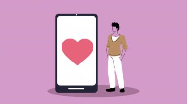 Akıllı telefon animasyonunda kalbi olan genç ve çekici bir adam.