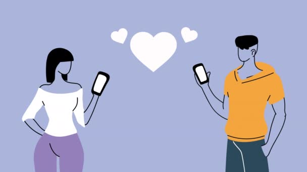 Jeune couple amoureux personnages avec smartphones — Video