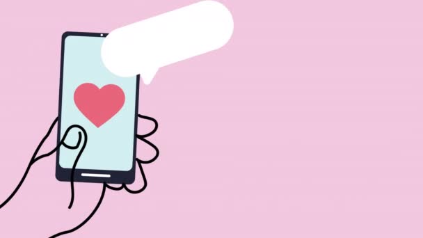Mano usando smartphone con animación de aplicación romántica — Vídeo de stock