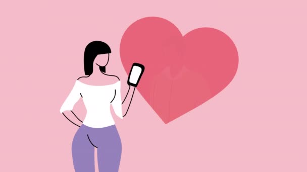Jóvenes amantes de la pareja personajes con smartphone — Vídeo de stock