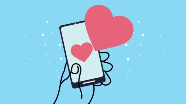 Mão usando smartphone com jovem no coração animado — Vídeo de Stock