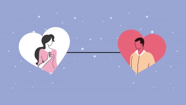 Jóvenes pareja amantes personajes con corazón amor — Vídeo de stock
