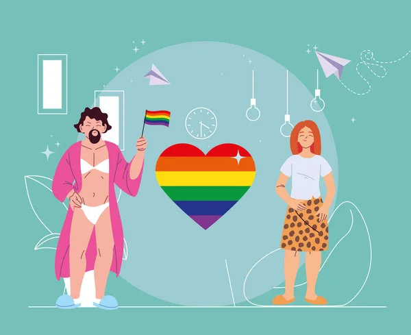 Kvinna och transvestit man karikatyrer med lgbti hjärta vektor design — Stock vektor