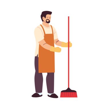 Eldivenli temizlikçi adam ve temizlik aletleri.