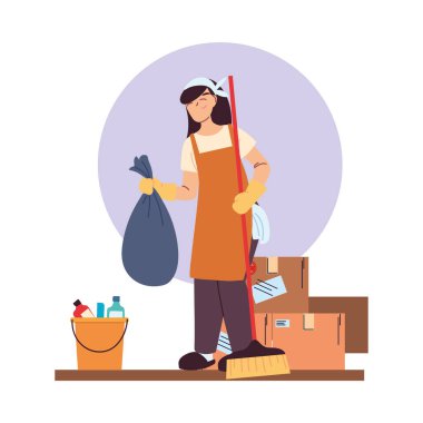 Eldivenli temizlikçi kadın, temizlik aletleri ve kutular.