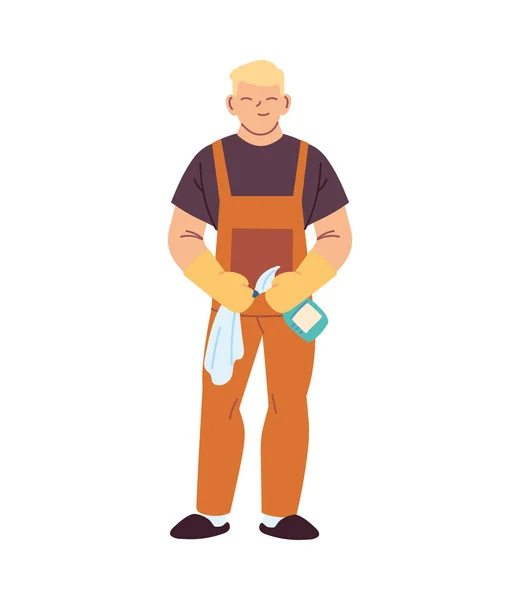 Cleaning service man with gloves and cleaning utensils — Stock Vector