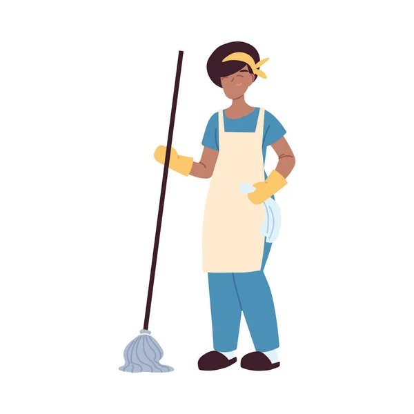 Mulher serviço de limpeza com luvas e utensílios de limpeza — Vetor de Stock