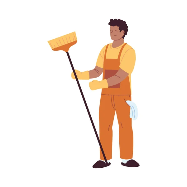 Homem serviço de limpeza com luvas e utensílios de limpeza — Vetor de Stock