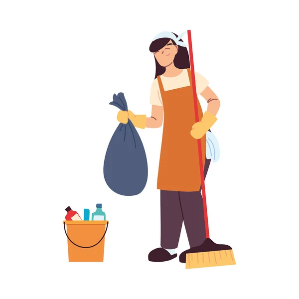 Servicio de limpieza mujer con guantes y utensilios de limpieza — Archivo Imágenes Vectoriales