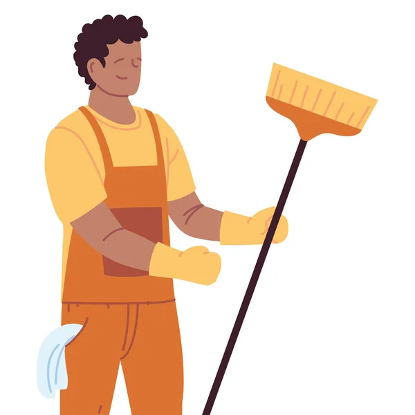 Servicio de limpieza hombre con guantes y utensilios de limpieza — Archivo Imágenes Vectoriales