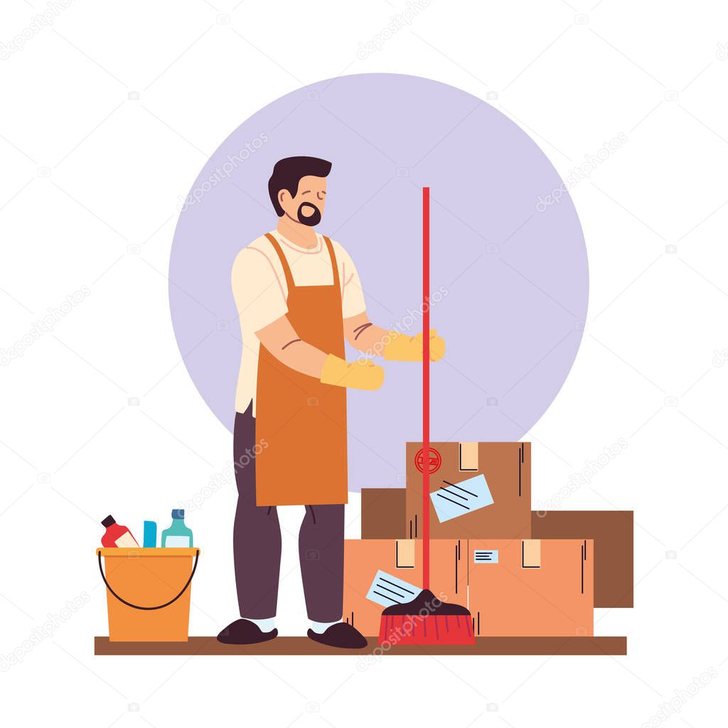 cleaning service man with gloves, cleaning utensils and boxes