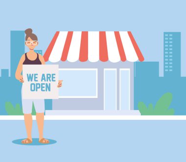 Kadın açık pankartıyla iş yerinde.