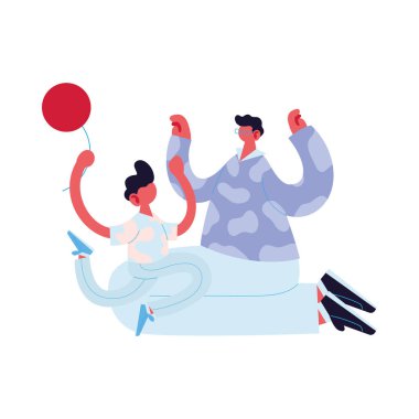 Baba ve oğul balon vektör tasarımlı çizgi film