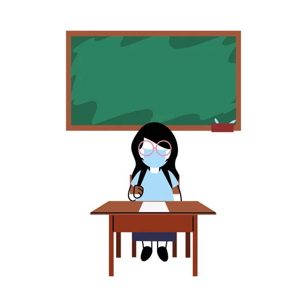 Menina com máscara na mesa em sala de aula — Vetor de Stock