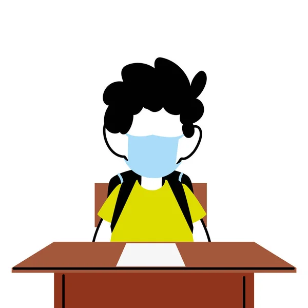 Boy with face mask at school desk — Stock Vector