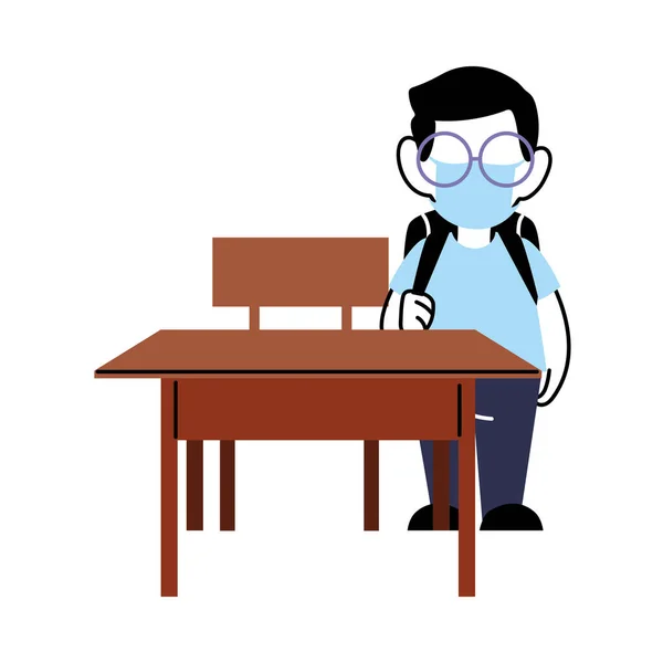 Boy with face mask at school desk — Stock Vector