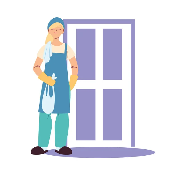 Temizlikçi kadın ev temizliği yapıyor. — Stok Vektör