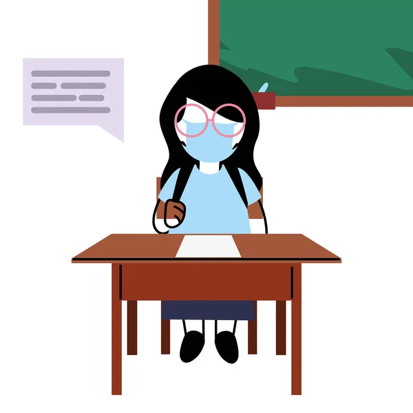 Chica con máscara en el escritorio hablando — Vector de stock