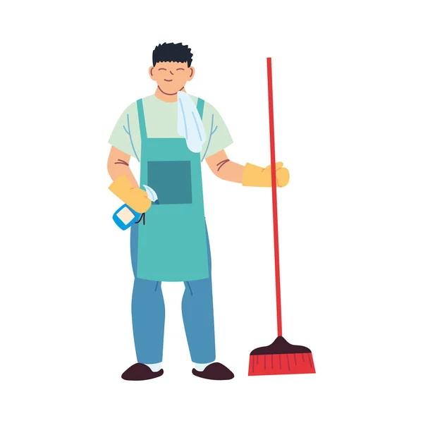 장갑과 청소 기구를 사용하여 청소하는 봉사 남자 — 스톡 벡터