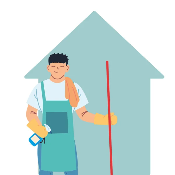 Petugas kebersihan melakukan pekerjaan membersihkan rumah - Stok Vektor
