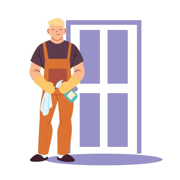Housekeeping man doing house cleaning work — Stock Vector