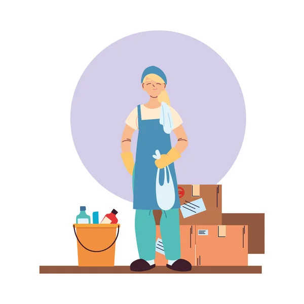 Уборщица с перчатками, посудой и коробками — стоковый вектор