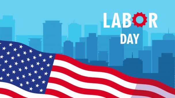 Fröhliche Feier zum Tag der Arbeit mit US-Flagge und Stadtbild — Stockvideo