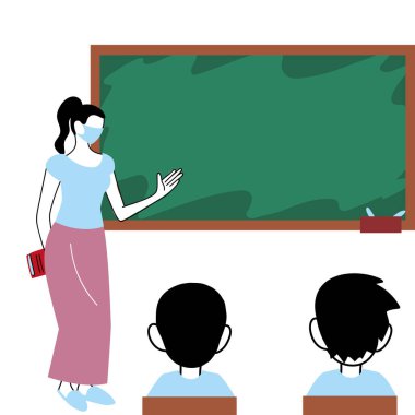 Öğretmen, öğrencileriyle birlikte sınıfta maske takıyor.