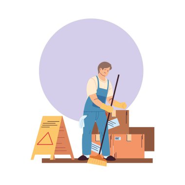 Eldivenli temizlikçi, temizlik aletleri ve kutular.