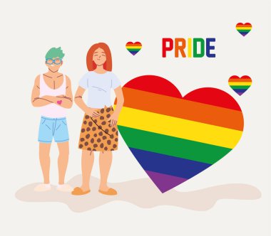 Igbti kalp vektör tasarımlı kadın ve erkek karikatürleri