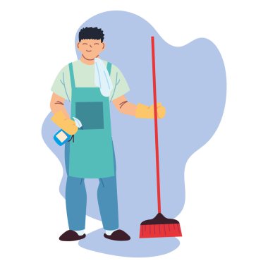 Eldivenli temizlikçi adam ve temizlik aletleri.