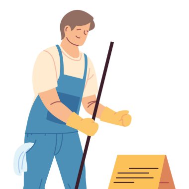 Eldivenli temizlikçi adam ve temizlik aletleri.