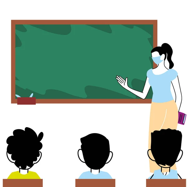 Учительница в масках в классе со своими учениками — стоковый вектор