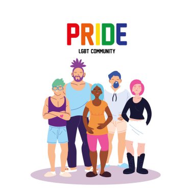 Kadın ve erkek çizgi filmleri lgbti gururlu kelime vektör tasarımı