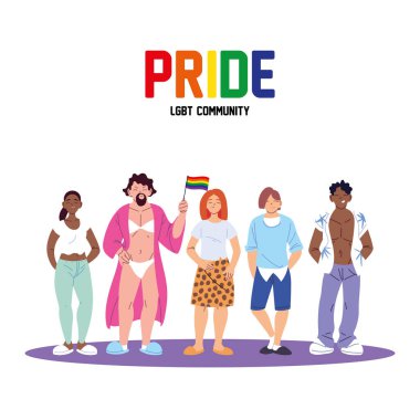 Kadın ve erkek çizgi filmleri lgbti gururlu kelime vektör tasarımı