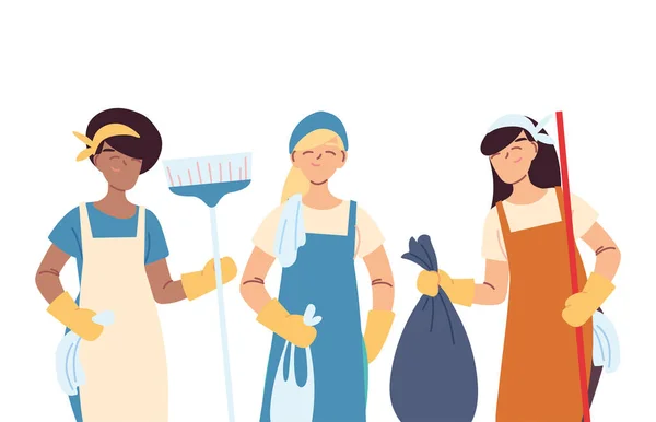 Squadra di servizio di pulizia con guanti e utensili di pulizia — Vettoriale Stock