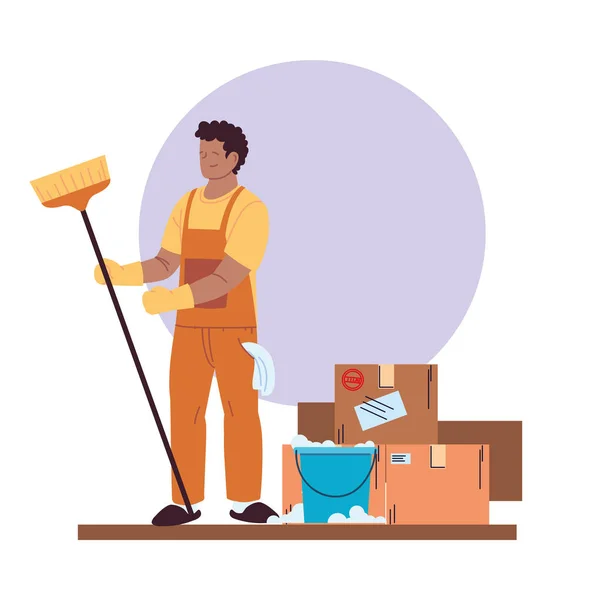 Cleaning service man with gloves, cleaning utensils and boxes — Stock Vector