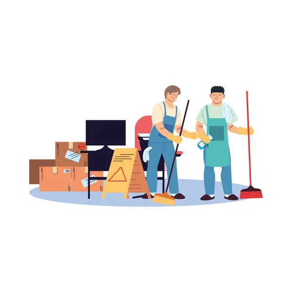 Limpieza de hombres haciendo trabajo de limpieza de oficina — Vector de stock