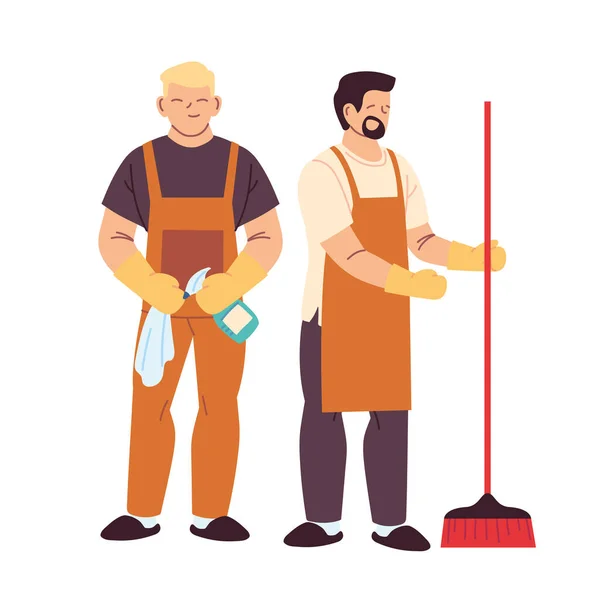 Eldivenli temizlikçiler ve temizlik aletleri. — Stok Vektör