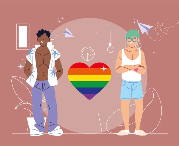 Homens desenhos animados com design vetor de coração lgbti — Vetor de Stock