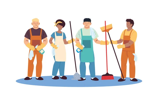 Equipe de serviço de limpeza com luvas e utensílios de limpeza — Vetor de Stock