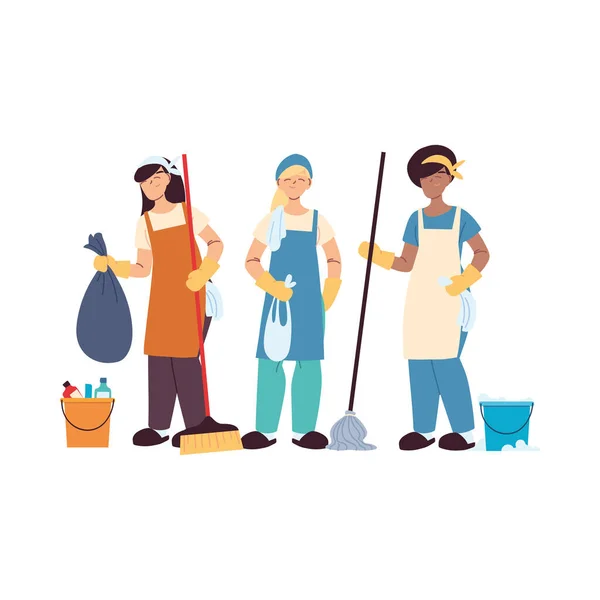 Eldiven ve temizlik malzemeleriyle temizlik ekibi — Stok Vektör