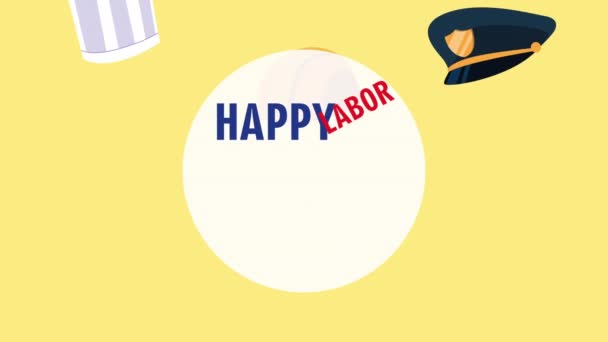 Χαρούμενη γιορτή της ημέρας εργασίας με γράμματα και καπέλα εργαζομένων — Αρχείο Βίντεο