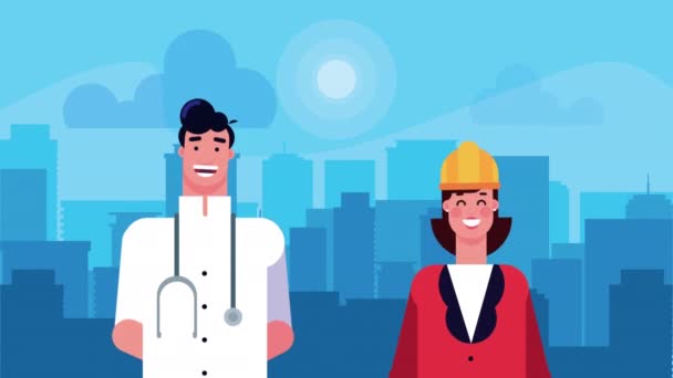 Médico con estetoscopio y constructor trabajadores personajes animados — Vídeo de stock