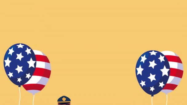 Boldog munkanap ünneplés a rendőrség és a tűzoltó és USA zászló léggömbök hélium — Stock videók