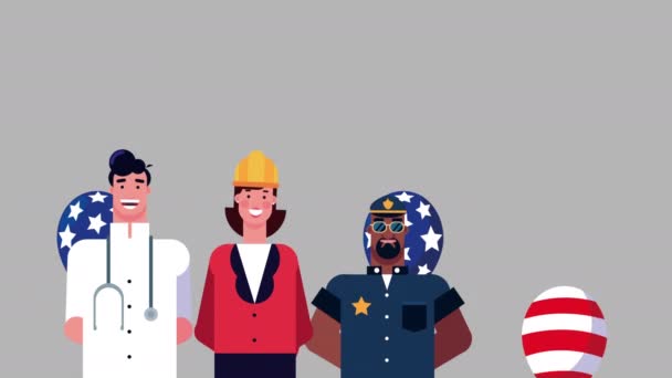 Gelukkige werkdag viering met werknemers en de VS vlag in ballonnen helium — Stockvideo