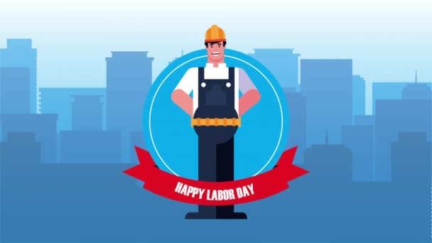 Happy labor day celebration with builder on the city — Stock Video