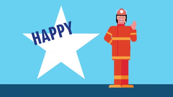 Fröhliche Feier zum Tag der Arbeit mit Schriftzug und Feuerwehrmann — Stockvideo